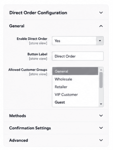 Direct Order admin configuration panel