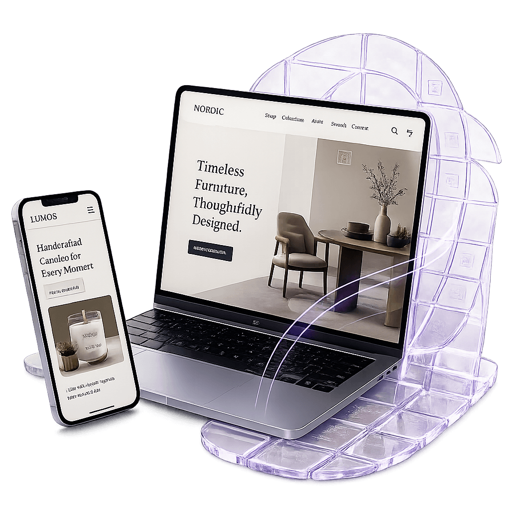 Laptop and phone website mockups with purple abstract glass elements